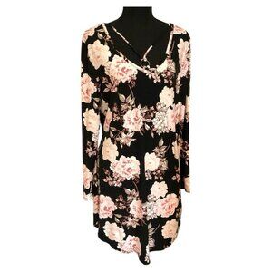 Just Be Women Long Sleeve Floral rose Dress Black Large elastic stretchy summer